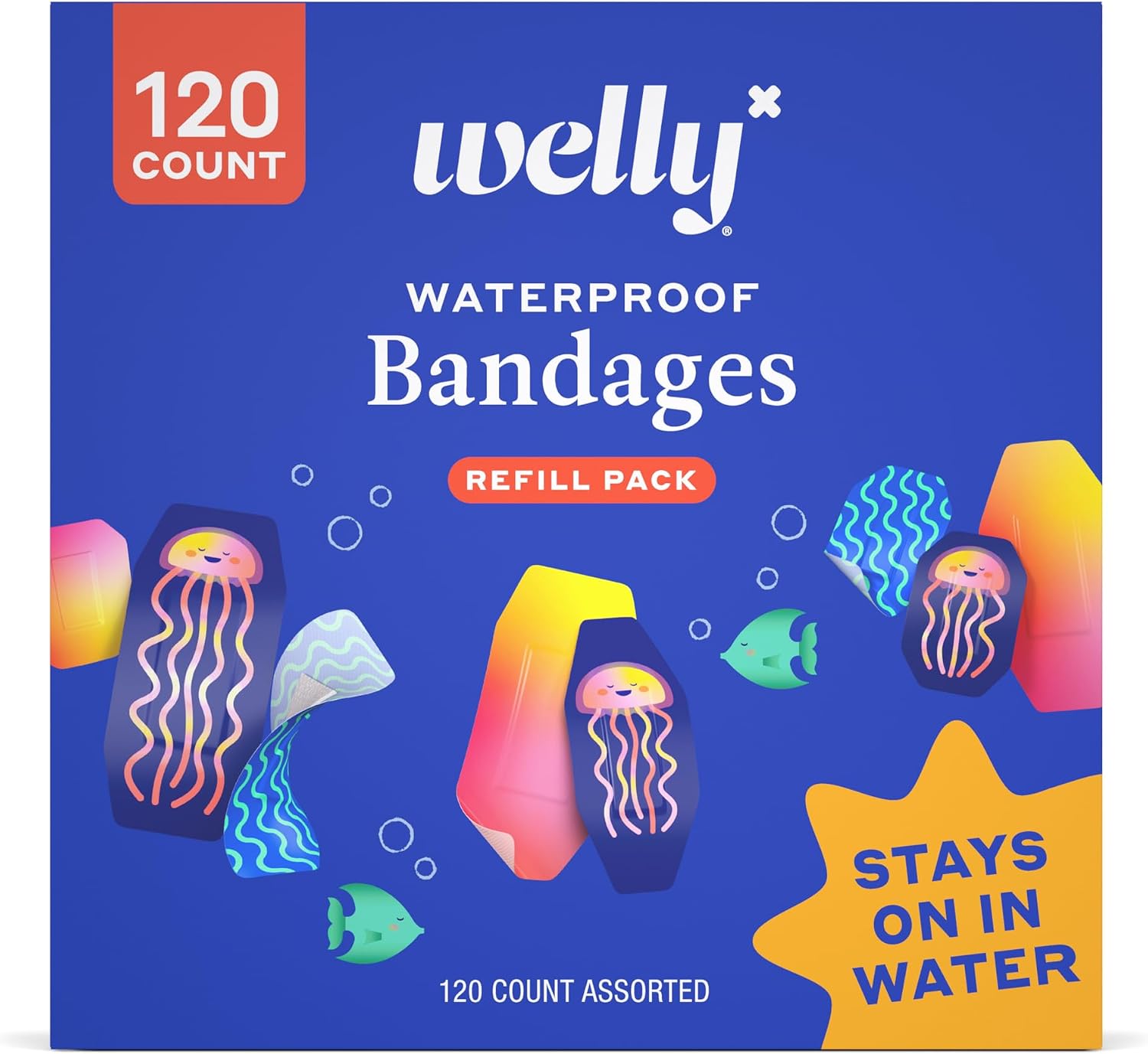 Welly Bandage Waterproof Refill Pack | Adhesive Waterproof Bandages | Assorted Shapes and Patterns for Minor Cuts, Scrapes, and Wounds - 120 Count