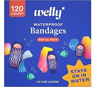 Welly Bandage Waterproof Refill Pack | Adhesive Waterproof Bandages | Assorted Shapes and Patterns for Minor Cuts, Scrapes, and Wounds - 120 Count