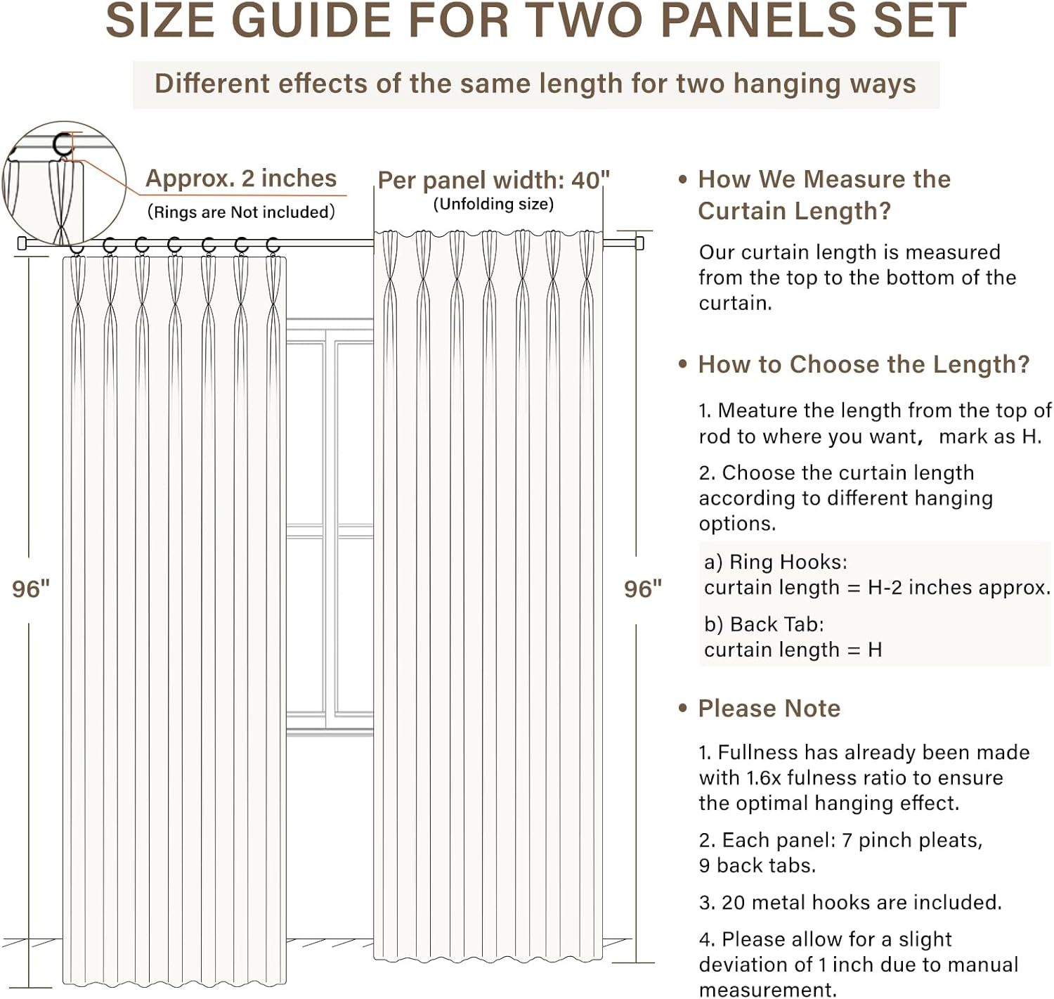 Linen Pinch Pleated Curtains Blackout 100% Black Out Curtains 144 Inches Long 2 Panels with Hooks, Thermal Insulated Pinch Pleat Drapes for Bedroom, 40Wx144L, Natural White