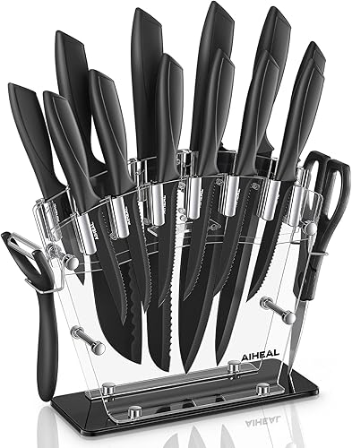 Aiheal Juego de cuchillos de cocina de acero inoxidable de alto carbono, negro con revestimiento antiadherente, sin óxido y súper afilado, con