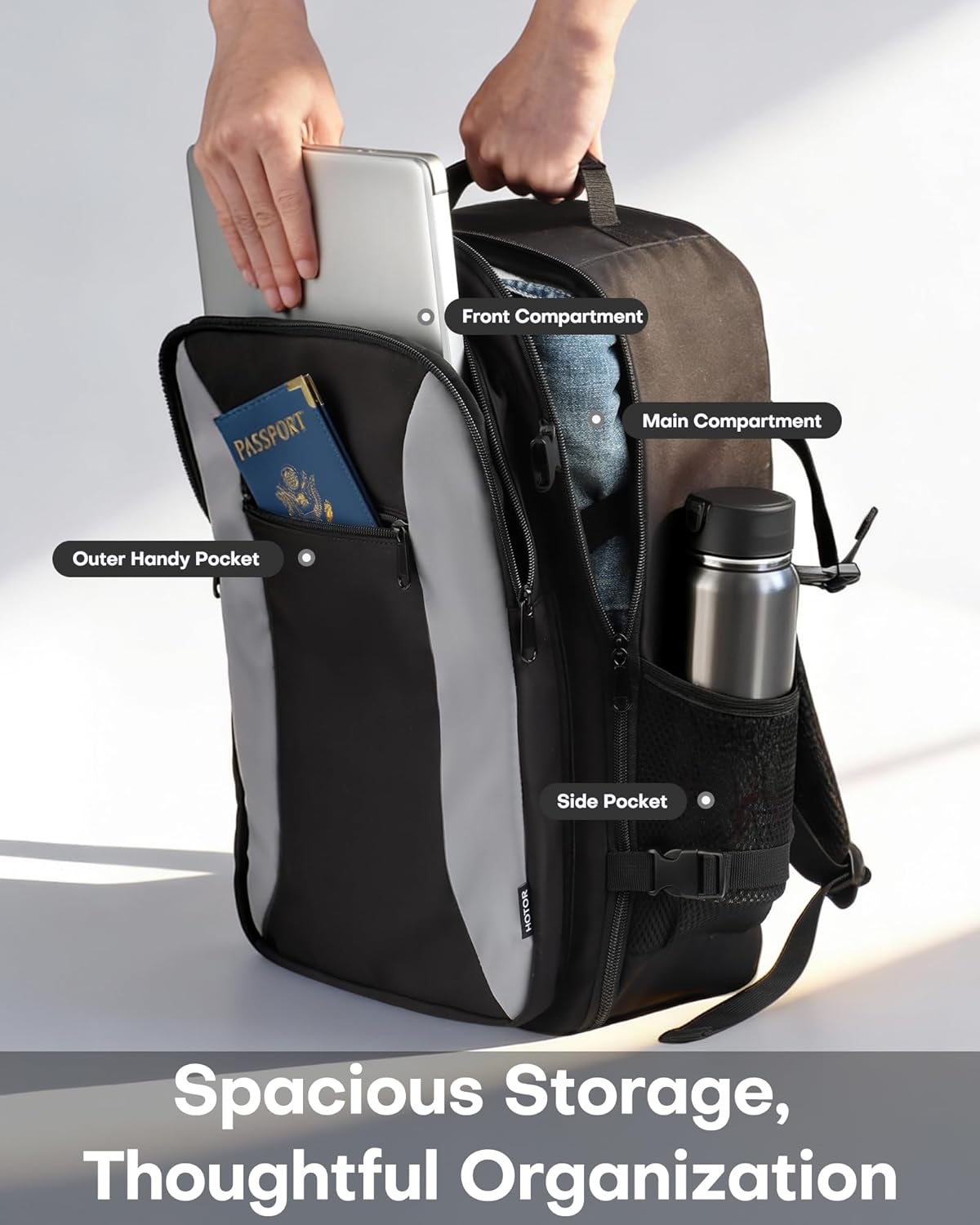 HOTOR Travel Backpack - TSA-Friendly Carry-On Backpack for Men & Women, Internal Luggage Straps & Waterproof Pocket, Perfect for Travel Essentials, Work, Commuting, 16.9" x 11.4" x 7.9", Black - Image 2