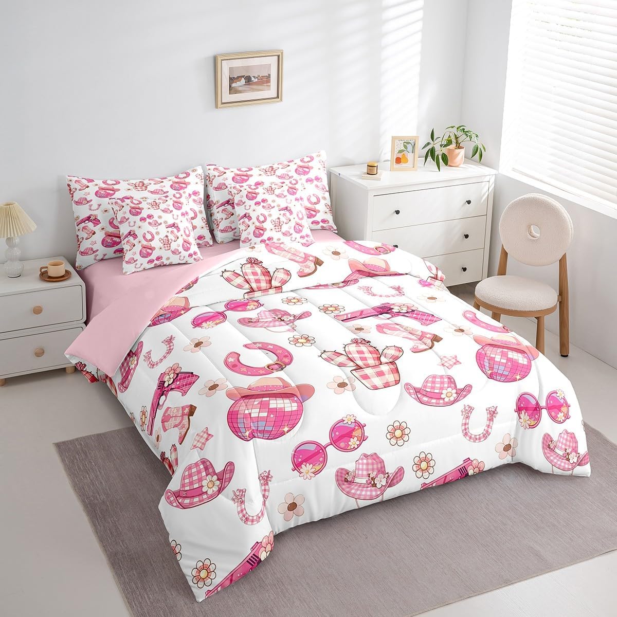 Manfei Western Rock 7 Pieces Bedding Set Queen Bed in a Bag,Cowgirl Boots Hats Comforter Set with Comforter,Flat,Fitted Sheet,Pillowcases,Pillow Covers,Pink Geometric Lattice Print Soft Warm Bedding
