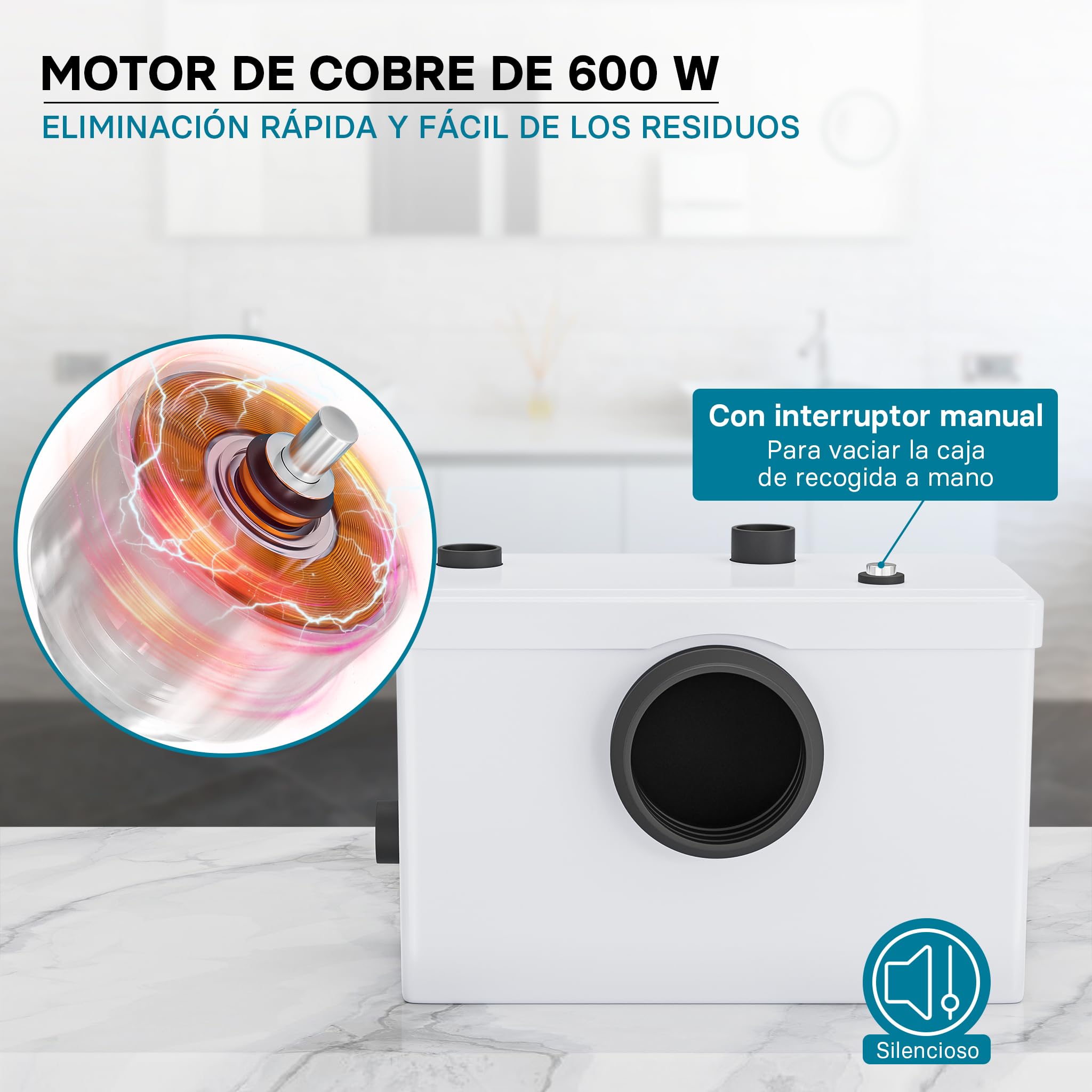 Wiltec 3/1 Pequeña estación elevadora de 600 W con triturador, hasta 10 m de altura, para WC y ducha
