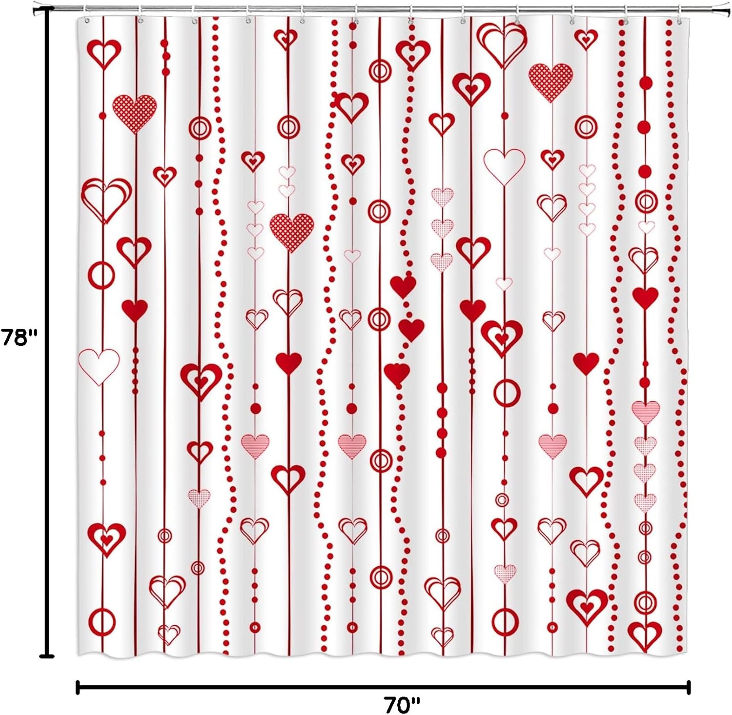 Red Heart Shower Curtain Valentine's Day Heart Geometric Striped Dot Sweet Love Romantic Couple Polyester Bathroom Decor Curtain with Hook