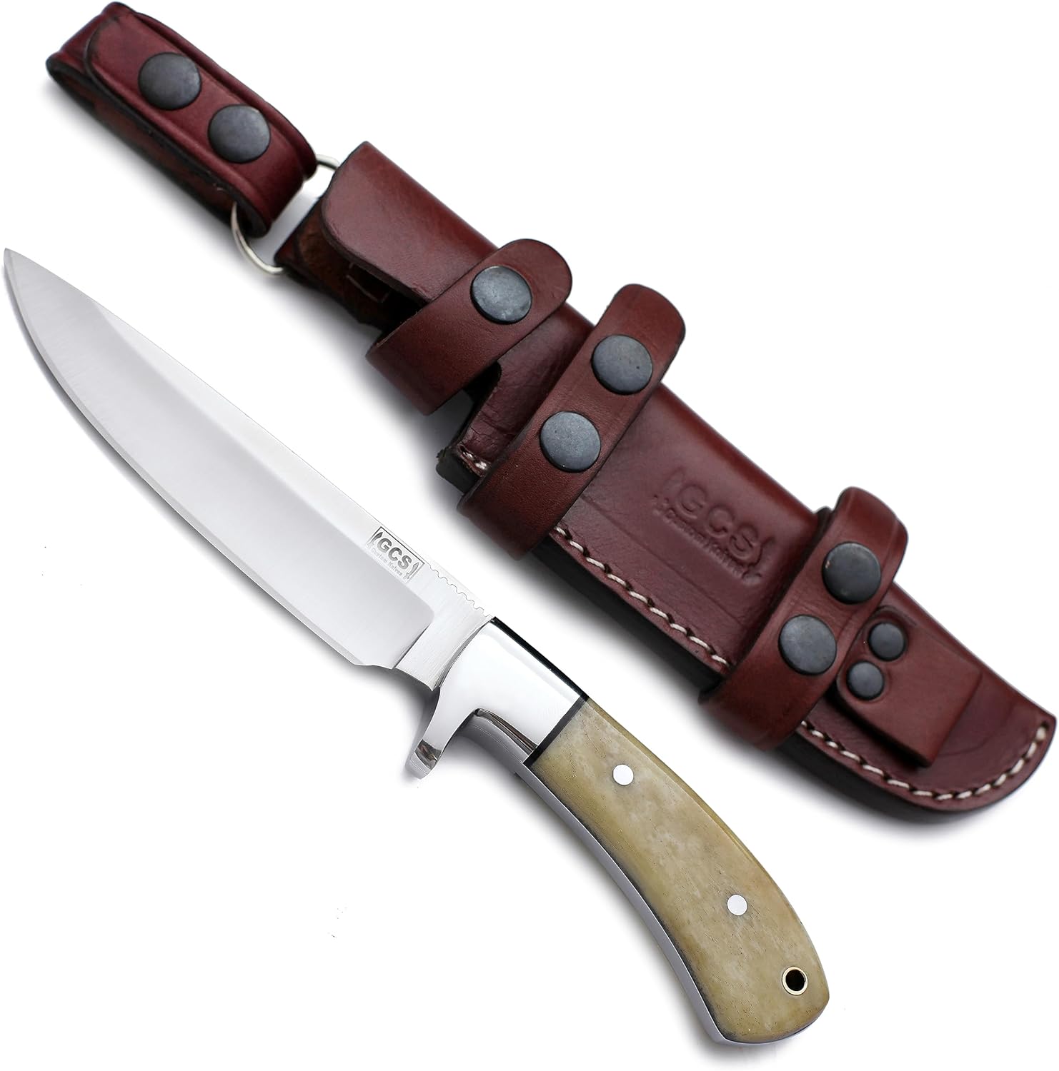 GCS Handmade Camel Bone Handle D2 Tool Steel Tactical Hunting Knife with leather sheath Full tang blade designed for Hunting & EDC GCS 141