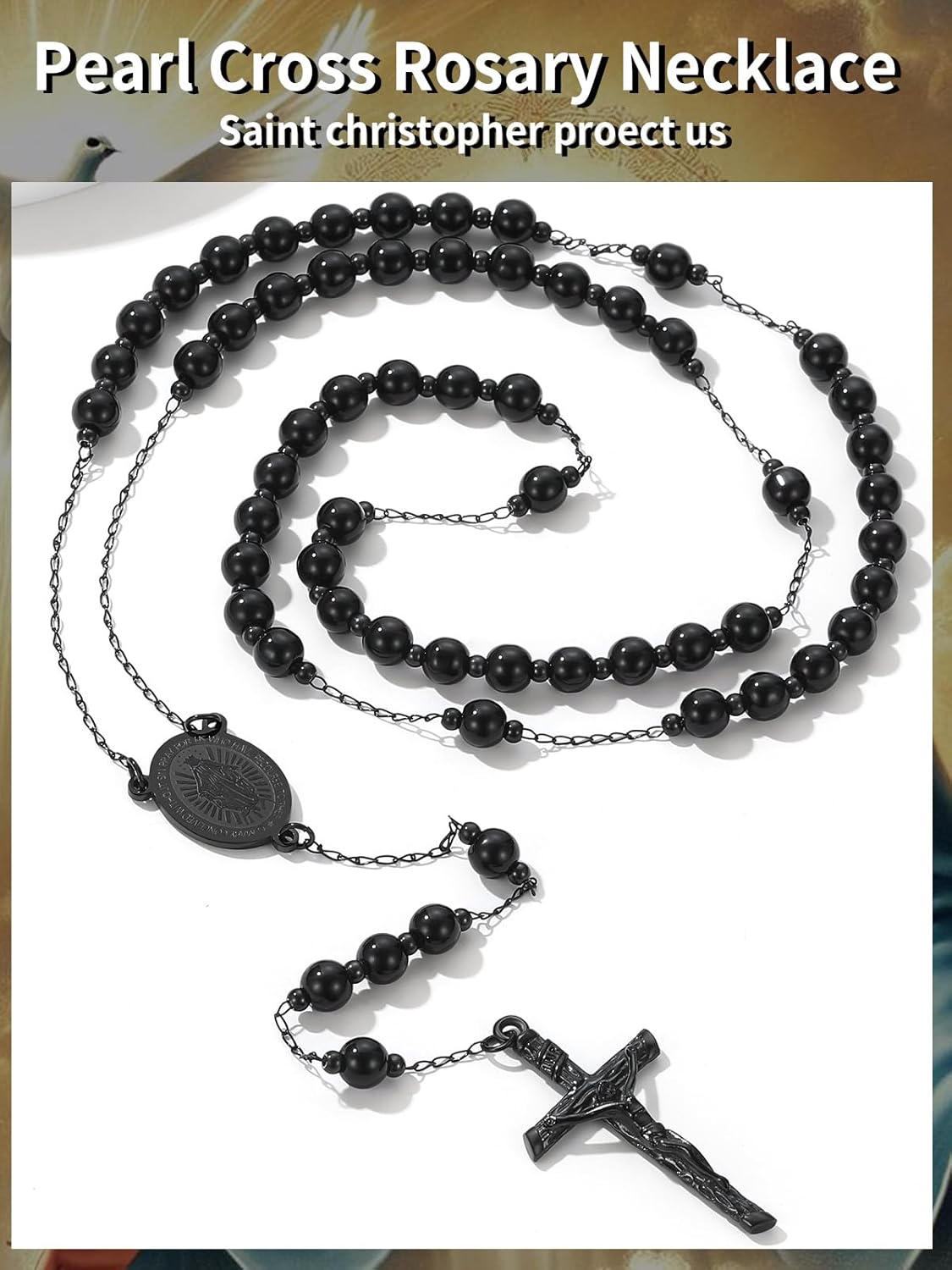 ChainsHouse Rosary Catholic Necklace for Women, Stainless Steel/Black/14K Gold Plated Catholic Prayer Chain with Glass Pearl Beads (Sent Gift Box)
