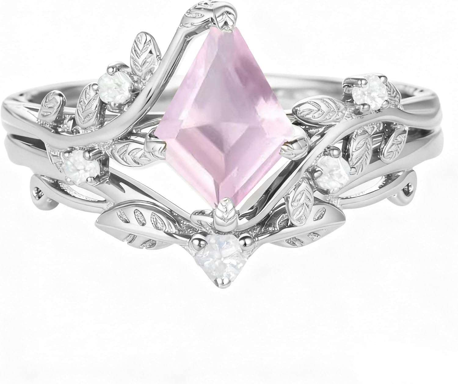 Kite Gemstone Engagement Ring Set for Women 925 Sterling Silver Kite Cut Gemstone Wedding Ring Set Vintage Inspired Leaf Art Deco Bridal Rings Set for Her Free Engraved