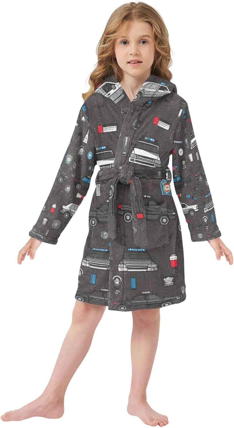 Black and White Police Cars Bathrobe Hooded PJ Robe Soft Fleece Robe Pajama Sleepwears 2-12 Years