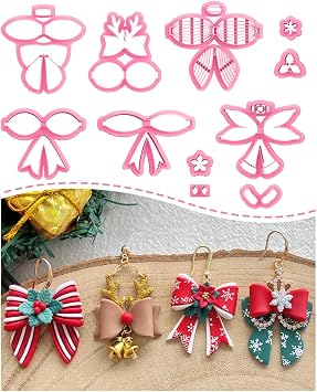 Keoker Christmas Bow Clay Cutters, 11 Shapes Christmas Polymer Clay Earring Cutters, Christmas Elk Polymer Clay Bow Cutter