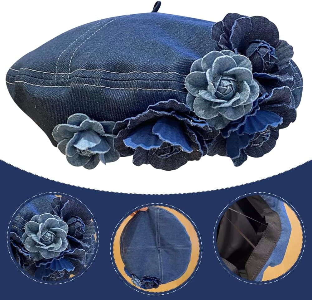 Flower Denim Beret Hat for Women French Style Artist Hat Painter Hat Casual Beanie Cap - Image 2