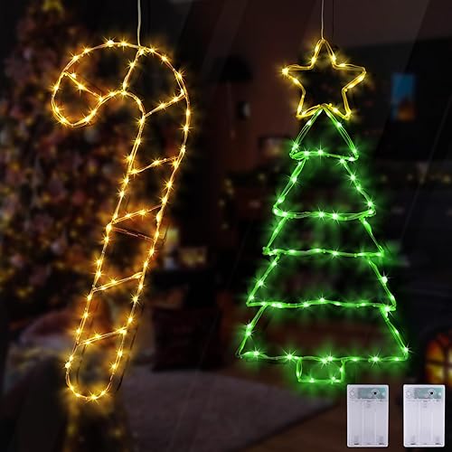 Luces de silueta de ventana de Navidad, 25 pulgadas, paquete de 2 letreros iluminados para árbol de Navidad, bastón de caramelo para vacaciones,