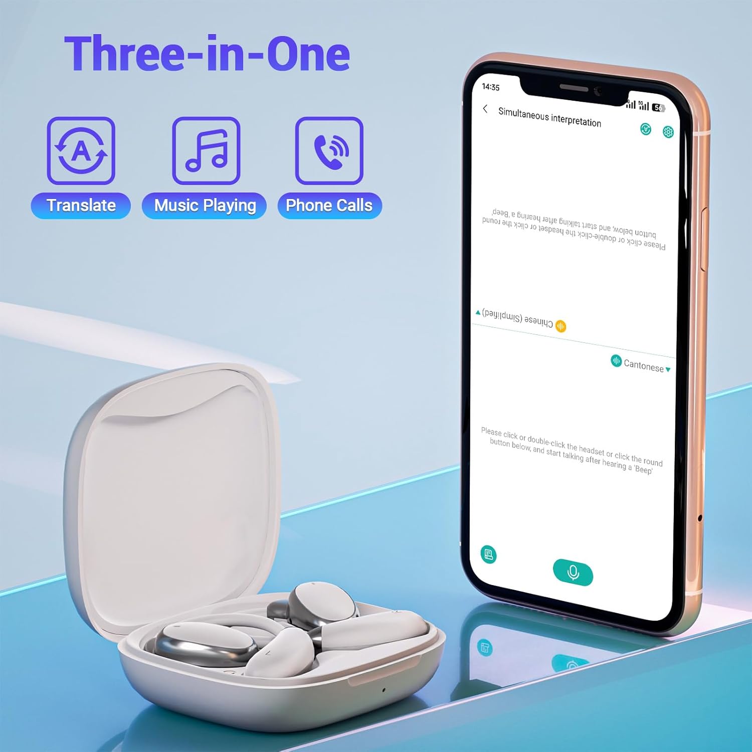 AI Translation Earbuds Wireless Bluetooth - 150 Languages Open-Ear Headphones Translator for iPhone and Android 3-in-1 Real Time Translating Device for Travel Business Learning with Charging Case