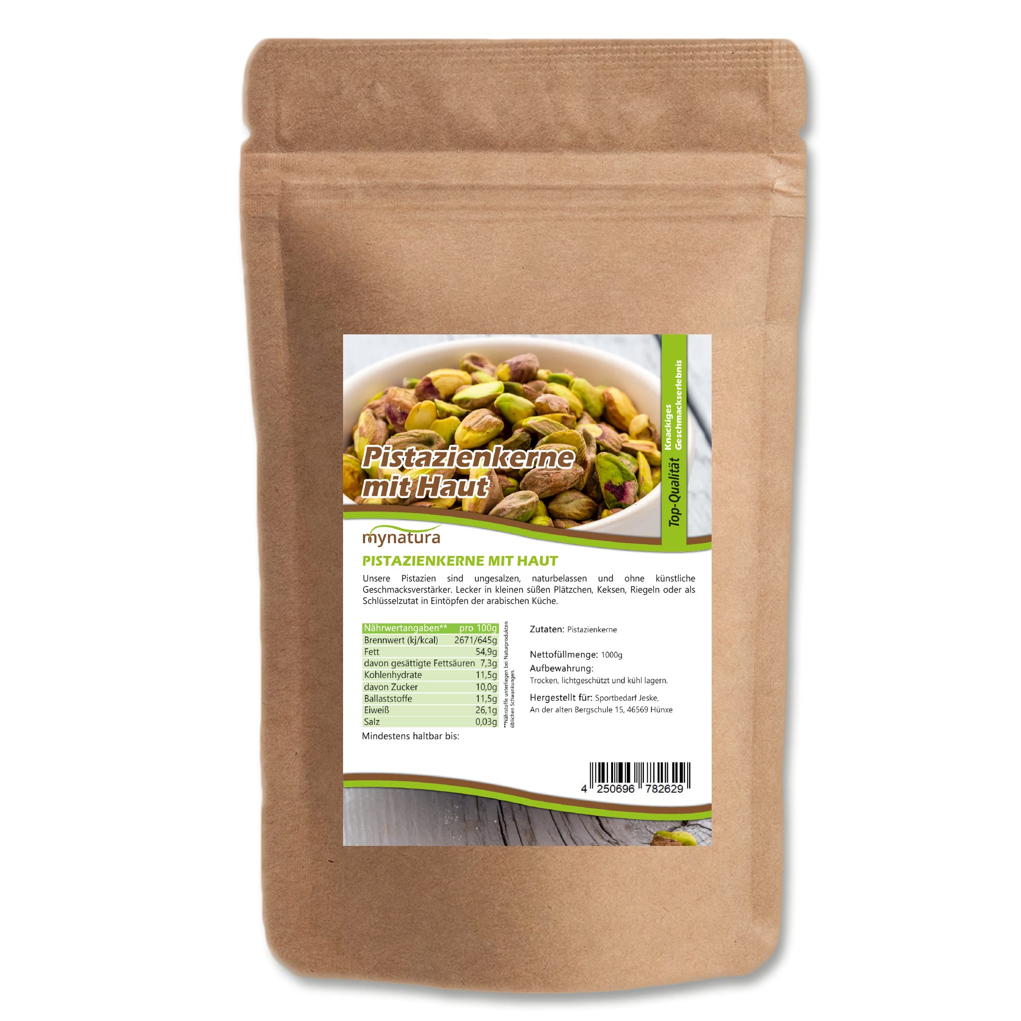 Mynatura Pistazienkerne, mit Haut I Pistazien I Snack I ohne Schale I Backen I Nussmischung I Vegan I Beutel (2x 1000g)