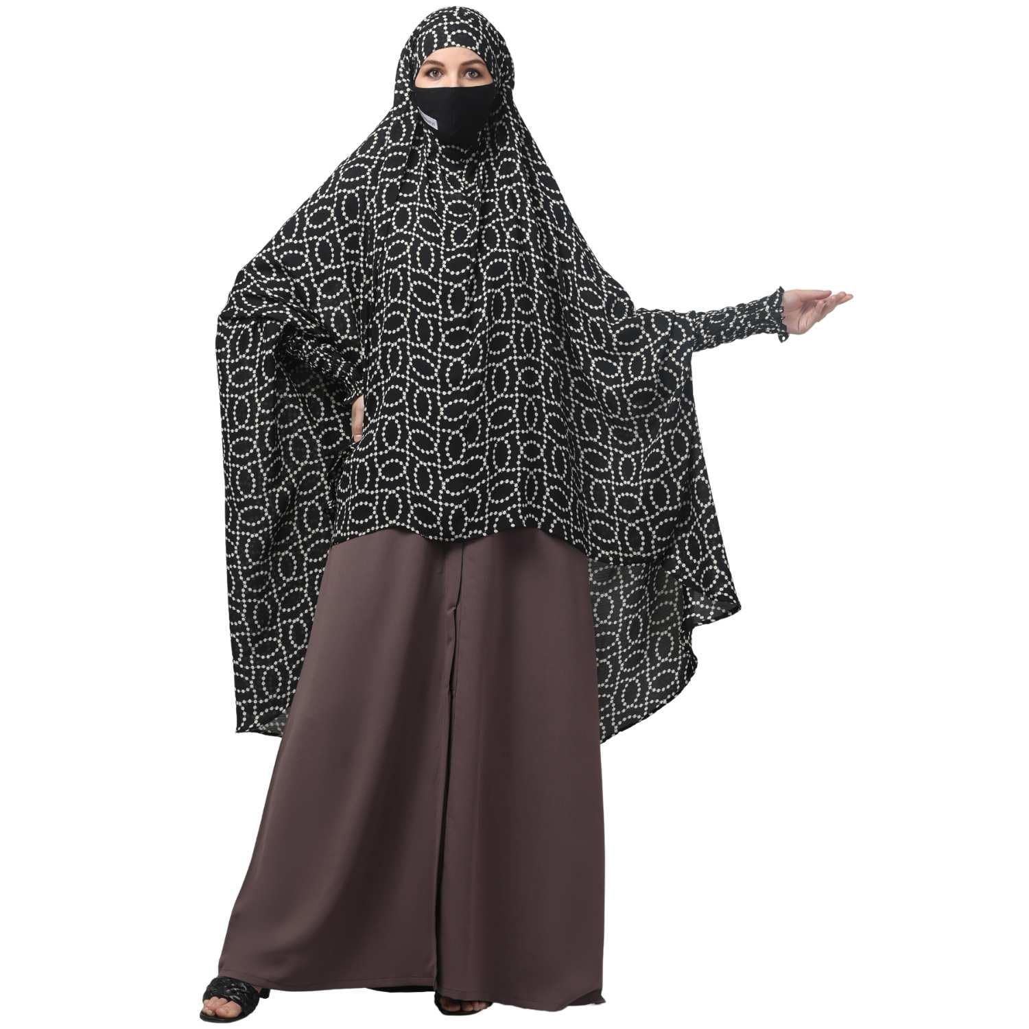 bashariya Full Size Soft Chiffon Prayer Khimar Hijab with Opaque Lining for Women & Girls – Lightweight Islamic Headscarf for Namaz, Ramadan- Black Print-picture-10