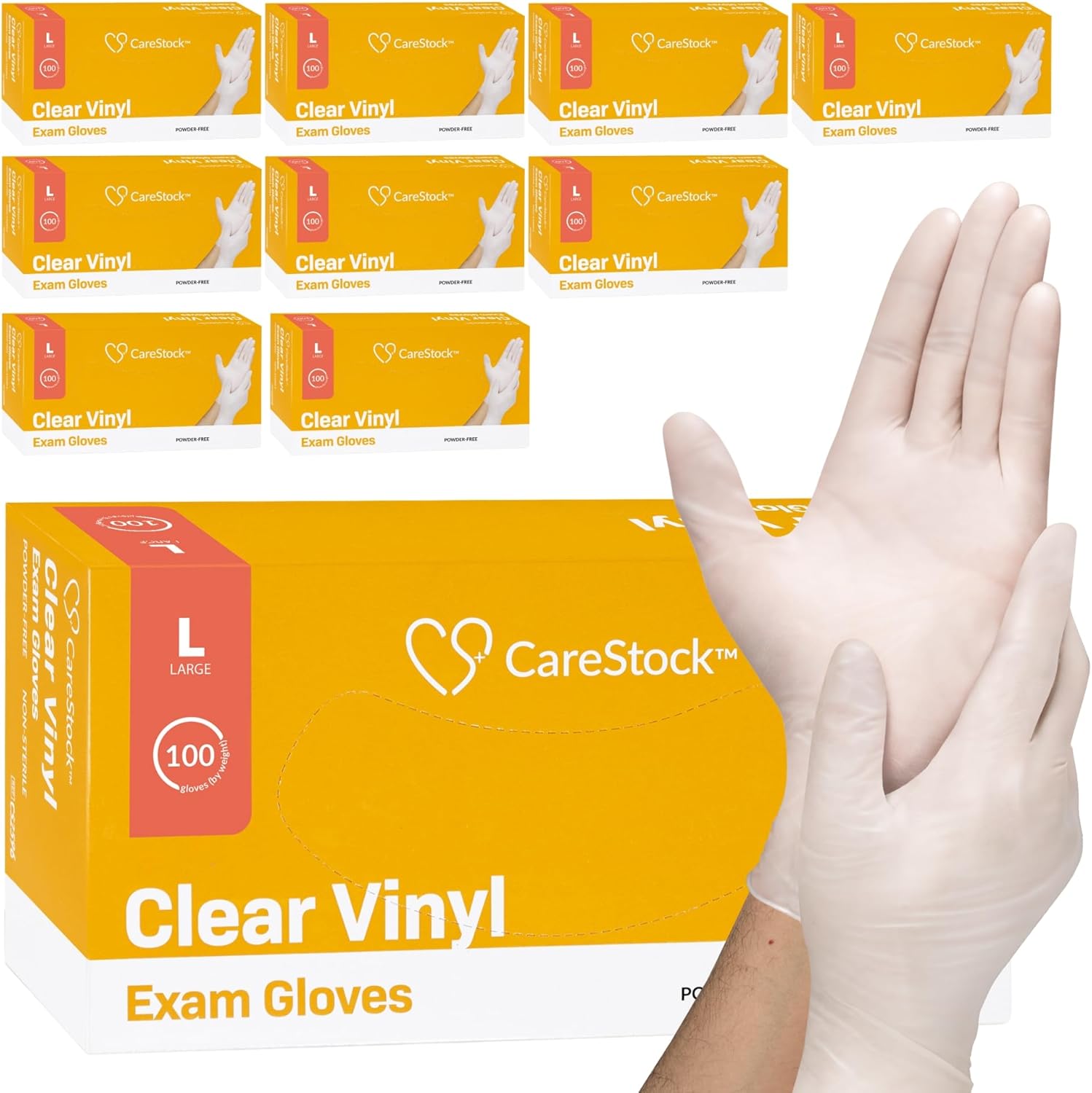 CareStock Clear Vinyl Exam Gloves [1000 Count] Disposable, Powder-Free, Latex-Free, Food Safe, Medical Grade, Large, 100 Count, Pack of 10