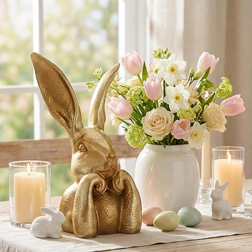 Wesiti Spring Rabbits Decoration 13.5 Inch Vintage Gold Resin Bunny