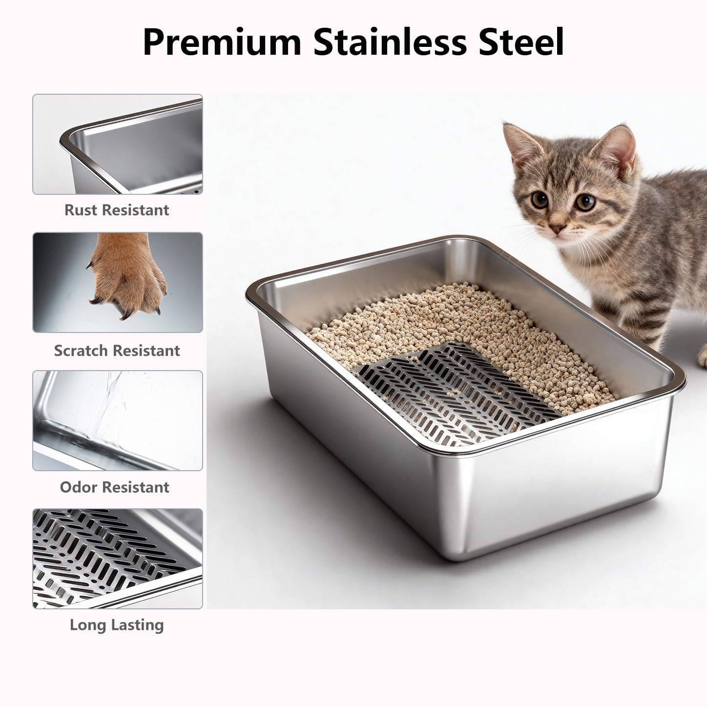 Stainless Steel Cat XL Litter Box with Sifting Tray, Double Layer Metal Litter Box for Pine Pellets, 23.6" × 15.7" × 8" High Sided Kitty Litter Box for Cats, Easy to Clean, No Odor
