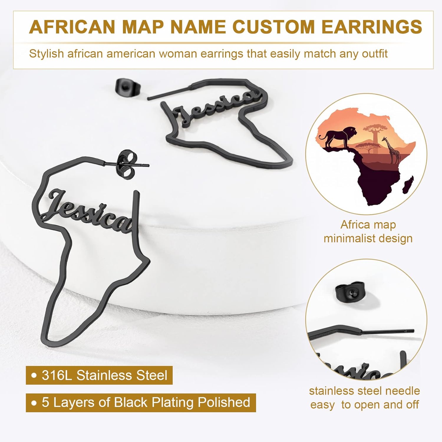 GoldChic Jewelry African Earrings for Women, Gold Africa Map Earring with Custom Name, Platinum/Black Minimalist Ethnic Style Dangle Drop Statement Ear Jewelry with Gift Box