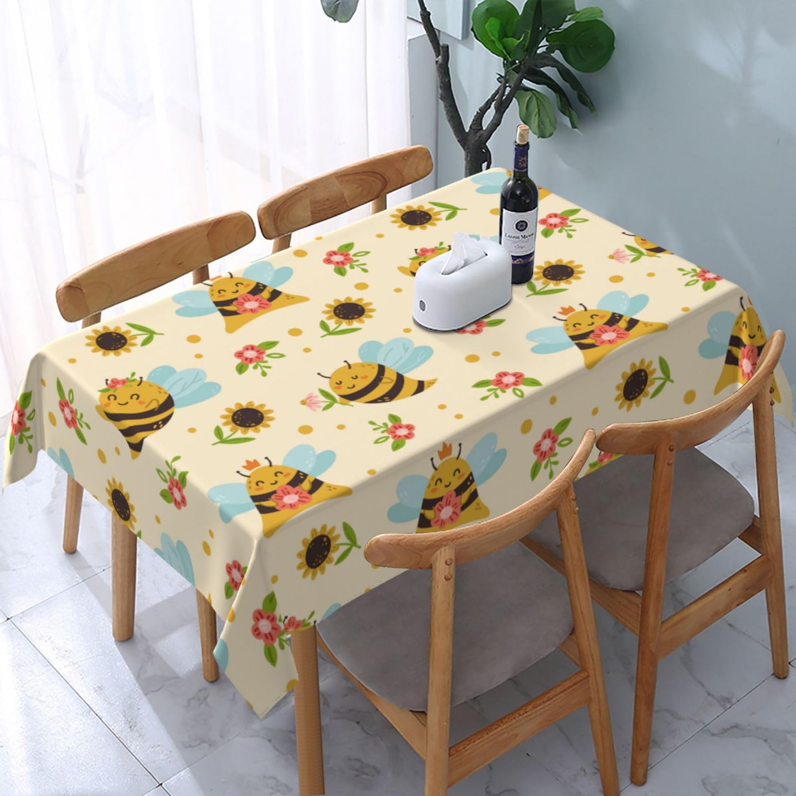 JunHeArt Cute Bee And Sunflower Pattern Tablecloth Rectangle Table Cover Washable Table Cloths Decor For Kitchen 54" X 72"