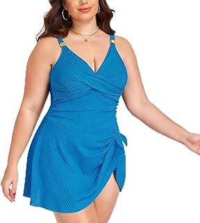 Women Plus Size One Piece Swimsuit, Plain Flowy Tummy Control Swimdress, Push Up Full Coverage Beachwear