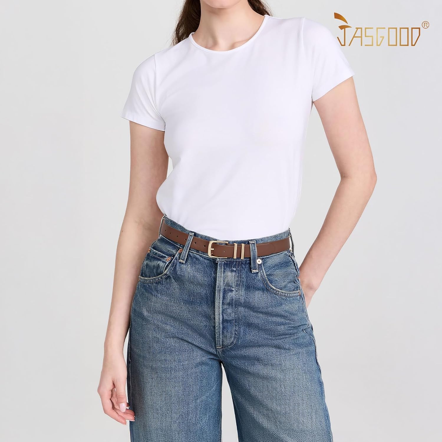 JasGood Pack of 2 Women's Leather Belt for Jeans Fashion Leather Waist Belt with Gold Buckle Women's Belt for Trousers Dress Black and Coffee XL:130cm (Taillengröße 108cm-118cm)
