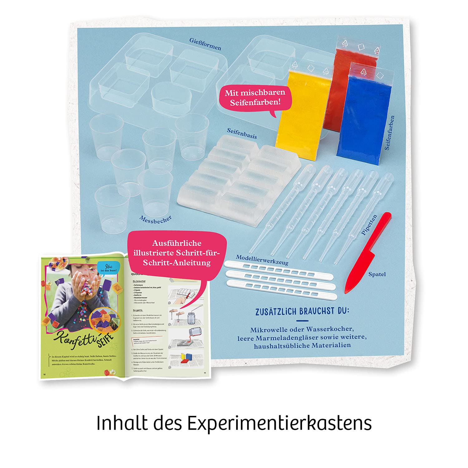 KOSMOS 671518 Seifen-Atelier, Gestalte traumhafte Einzelstücke, Komplett-Set mit Gießformen, Werkzeug, Farben, Rohmasse, Experimentierkasten für Mädchen u.Jungen ab 8-12 Jahre zu Kosmetik u. Chemie - 2