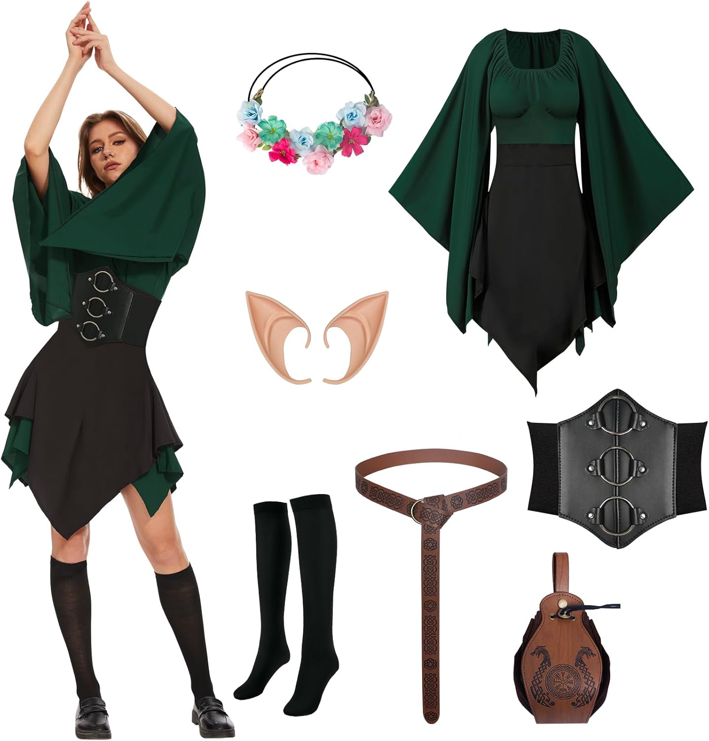 7 Pcs Women Elf Renaissance Costume Medieval Dress Traditional Irish Dress, Elf Cosplay Costume for Women Halloween