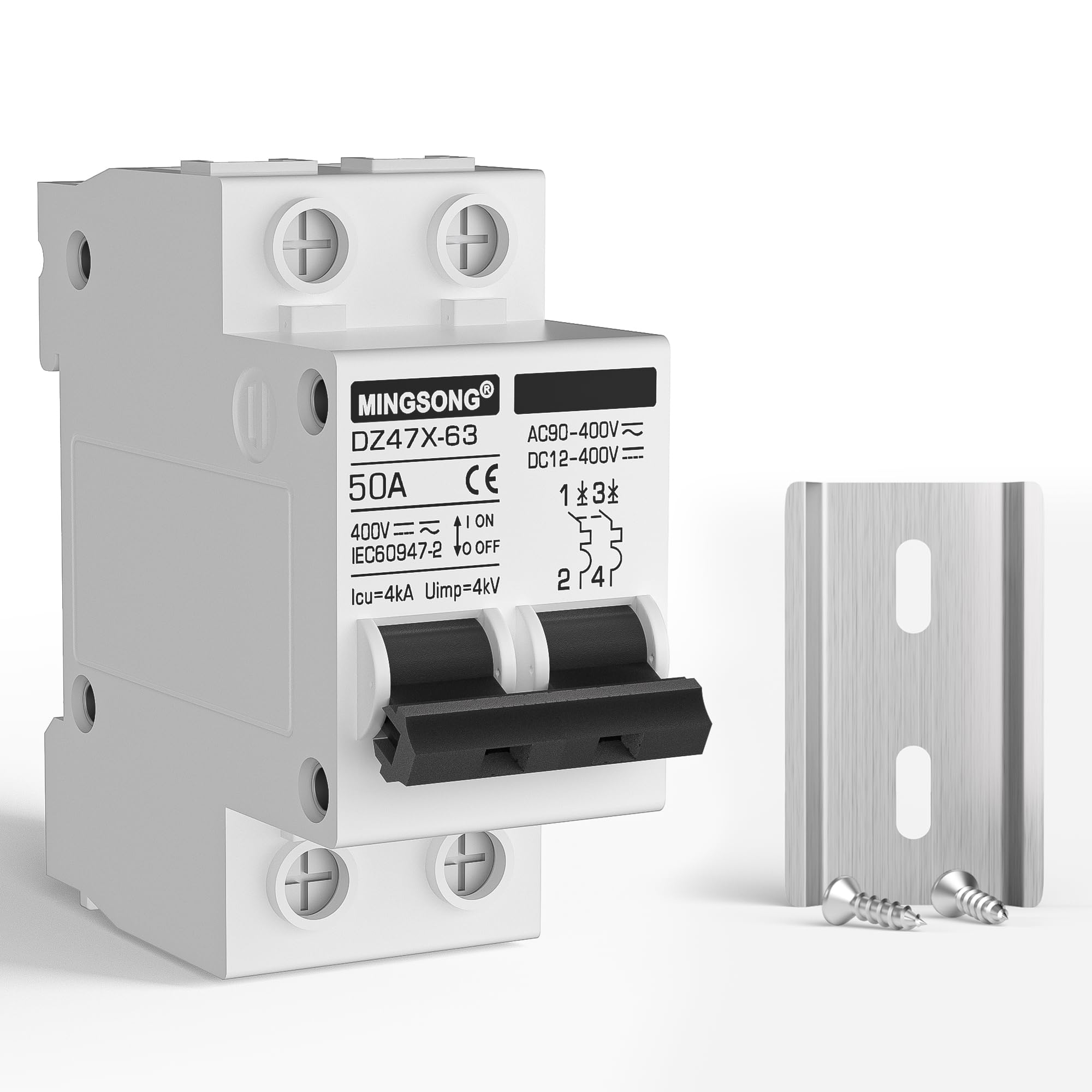 MINGSONG DC Solar Panels Disconnect Switch 50 Amp Solar Shut Off Switch 12V-400V 2 Poles Small Miniature Circuit Breaker for PV Homes, AC 110V DIN