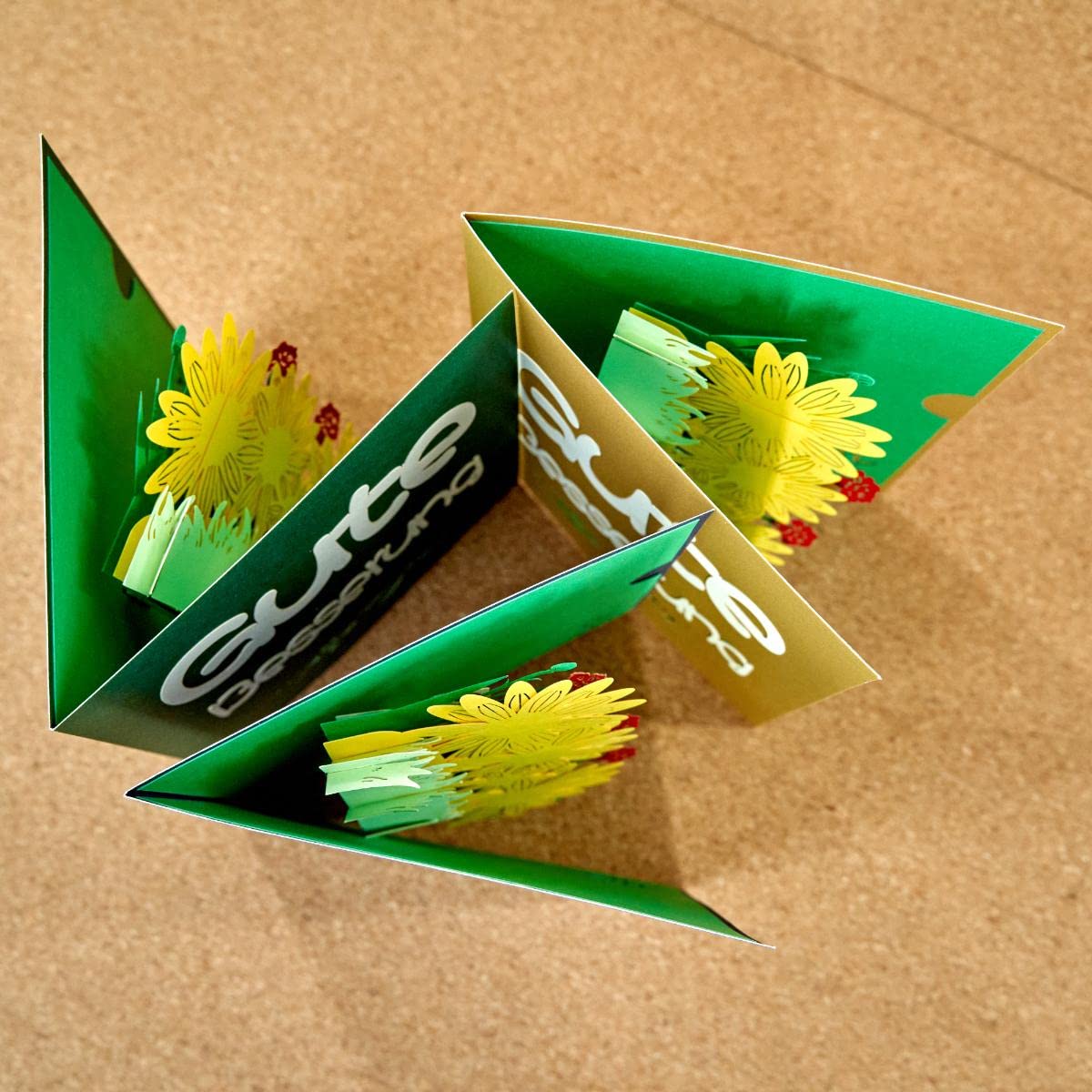Biglietto Di Auguri Pop-Up 3D 'Gute Besserung' Con Fiori – Colore Verde, Con Busta E Foglio Per Messaggio, Fatto A Mano