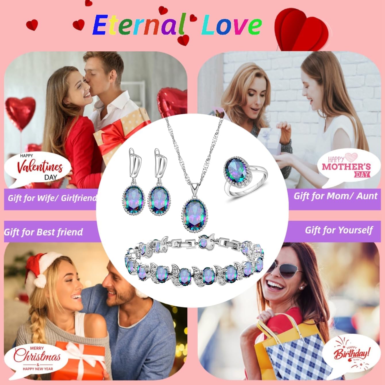 LMXXVJ Jewelry Set for Women CZ Gemstone Earring Ring Necklace Tennis Bracelet Bridal Anniversary Prom Party Christmas Jewelry Gift,Silver Tone