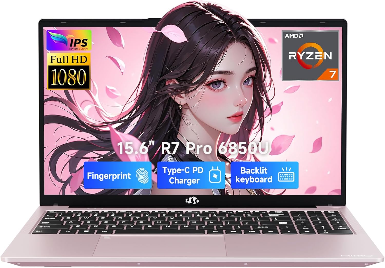 NIMO 15.6" IPS FHD Gaming-Laptop, 8 Cores AMD Ryzen 7 Pro 6850U 32GB LPDDR5 RAM 1TB SSD (Beat i7-1360P Up to 4.7GHz) AMD Radeon 680M GPU 100W Type-C Fingerprint Backlit Keyboard