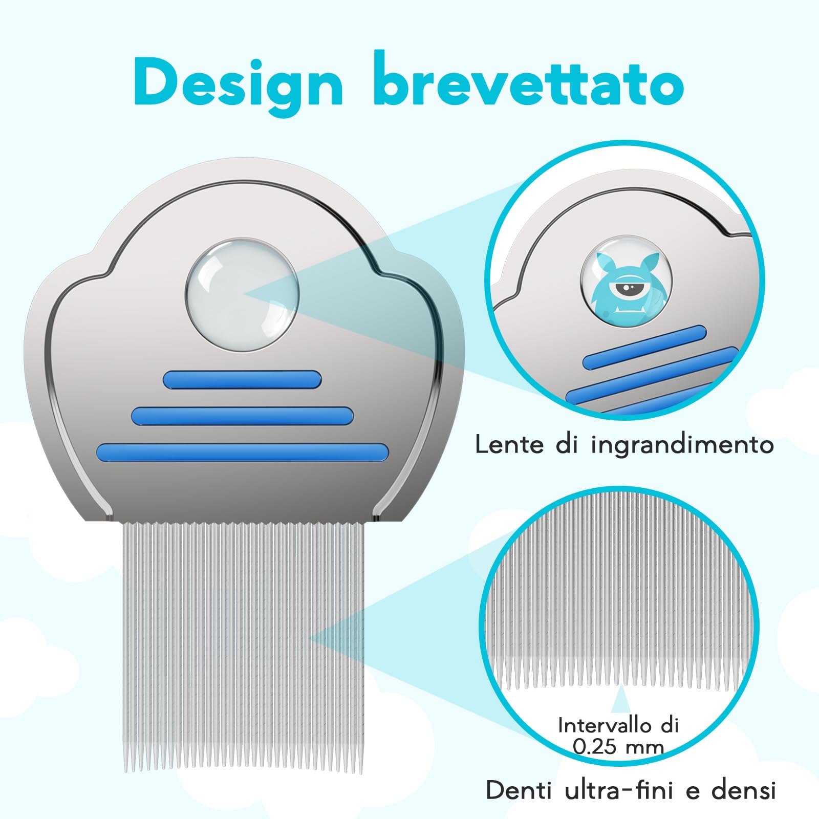 Pettinino Pidocchi Bambini 3 Pezzi - Pettine Pidocchi e Lendini con Lente | Denti ultra-fini in acciaio per rimuovere pidocchi e lendini. Lente integrata. Delicato sui bambini, bagnato o asciutto.