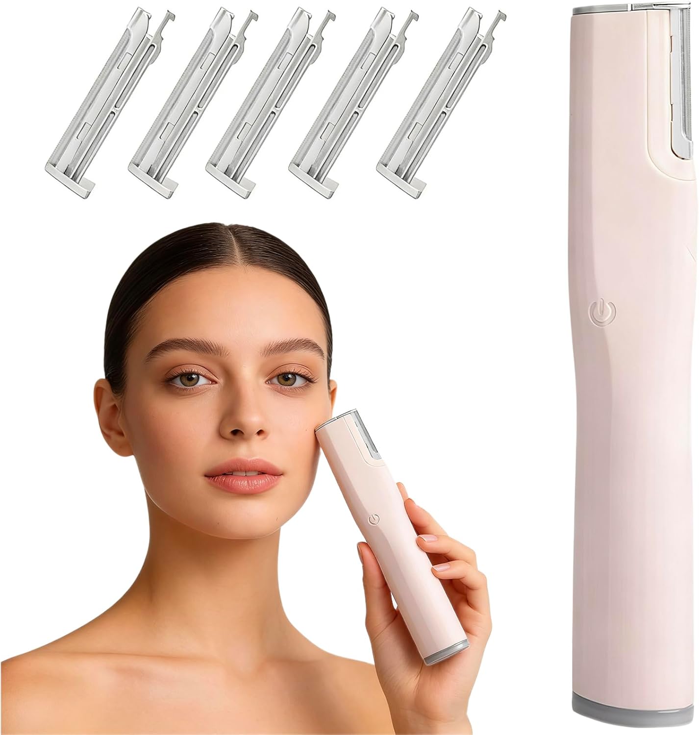 dermaplane facial razor for women – electric 2-speed sonic dermaplaning tool with 5 replacement heads, safe peach fuzz remover & exfoliating face hair removal device