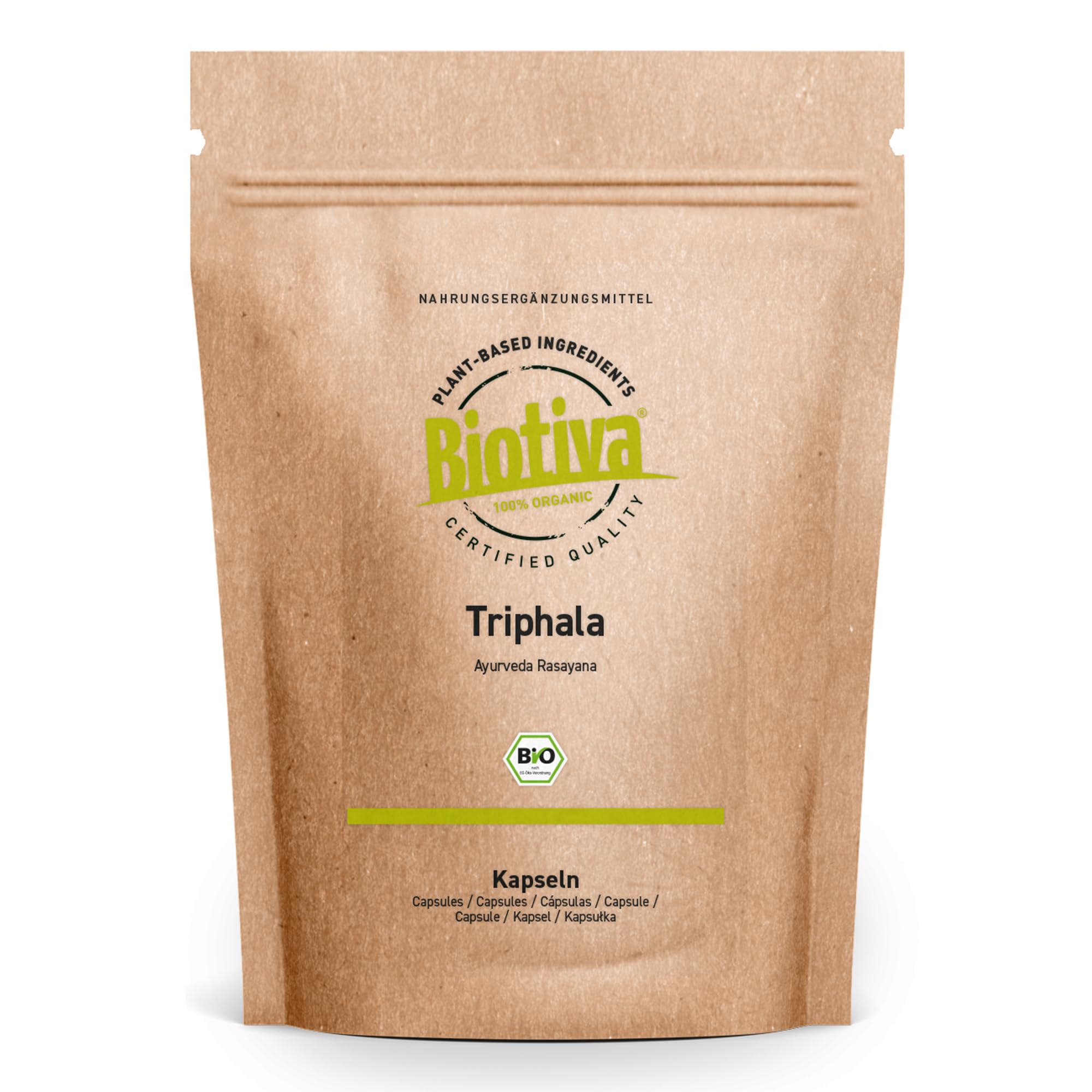 Triphala Bio 500 Capsule - 500mg per capsula - 250 giorni di dose - Triphala organico ad alta dose - imbottigliato e controllato in Germania - vegan - Biotiva