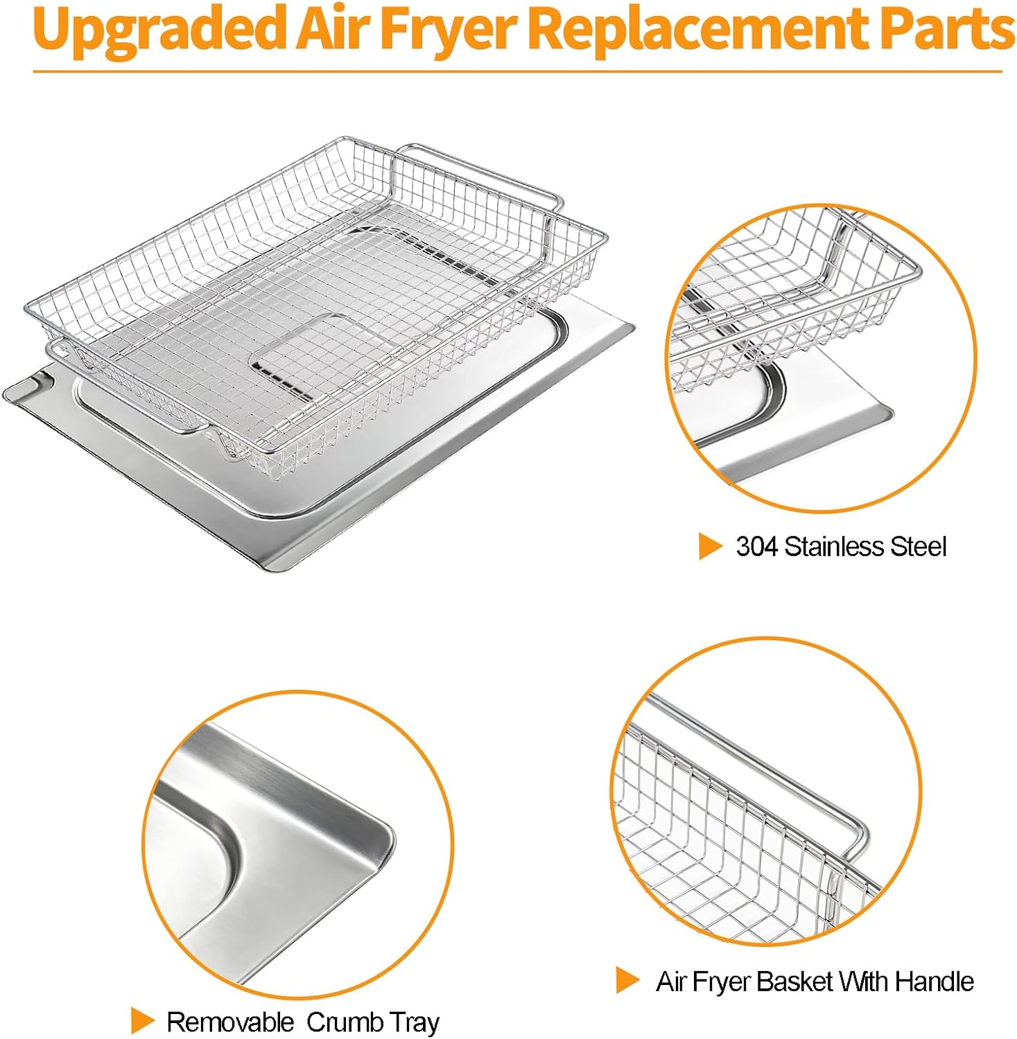 Upgraded B-AFO-002G-1 Basket And Crumb Tray Replacement Parts for PowerXL Air Fryer Grill Basket Tray 304 Stainless Steel Power XL Air Fryer Oven Drip Tray Toaster Oven Crisper Pan Accessories