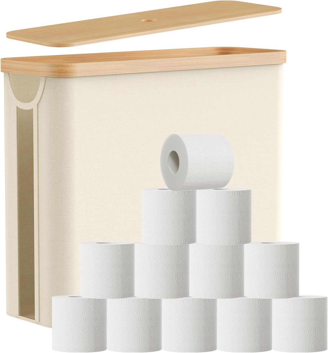 Toilet Paper Storage Basket with Bamboo Lid, Toilet Paper Holder with Storage, Free Standing Bathroom Storage Organizers with Non-Slip Bottom Beige, 1 Pack