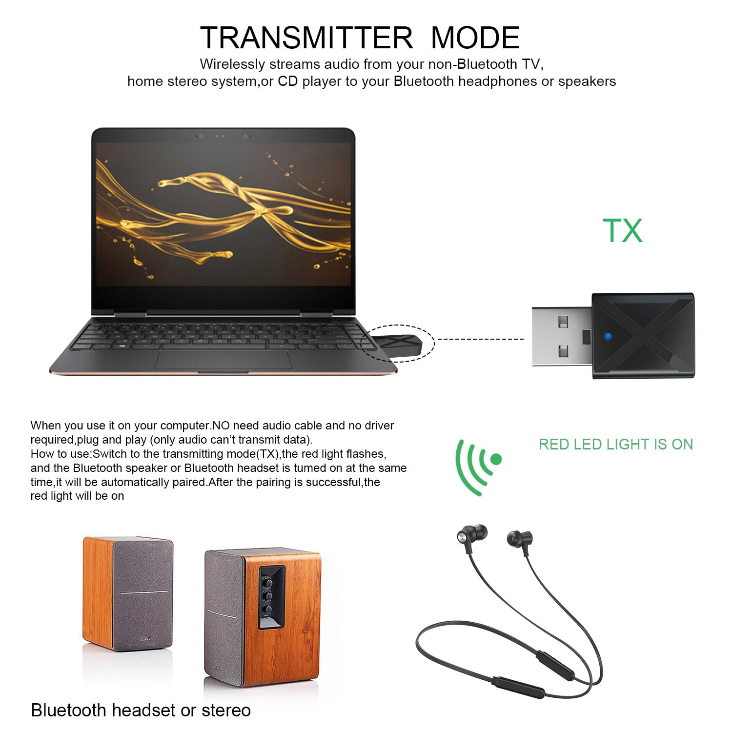 Bluetooth 5.0 USB Receptor, Adaptador transmisor de TV, 4en1 con Cable Auxiliar Digital de 3.5 mm para Altavoces, PC, Auriculares, Coche