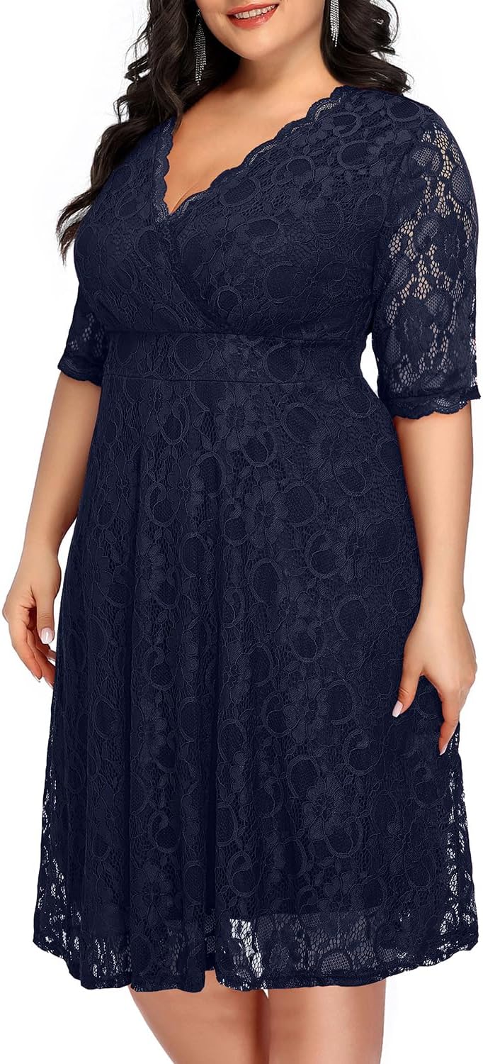Women's Plus Size Wedding Guest Cocktail Party Semi Formal Lace Wrap V Neck Knee Length Dress