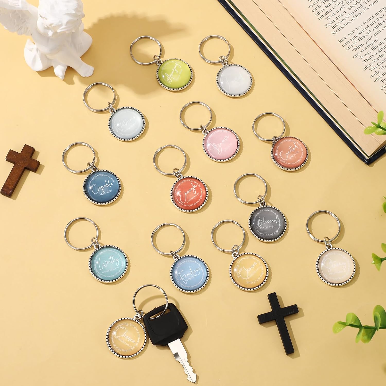 36 Pcs Christian Keychains Mini Bible Verse Keyring with Scripture Religious Church Gift for Women Men Easter Holiday Gifts (Morandi) - Image 5