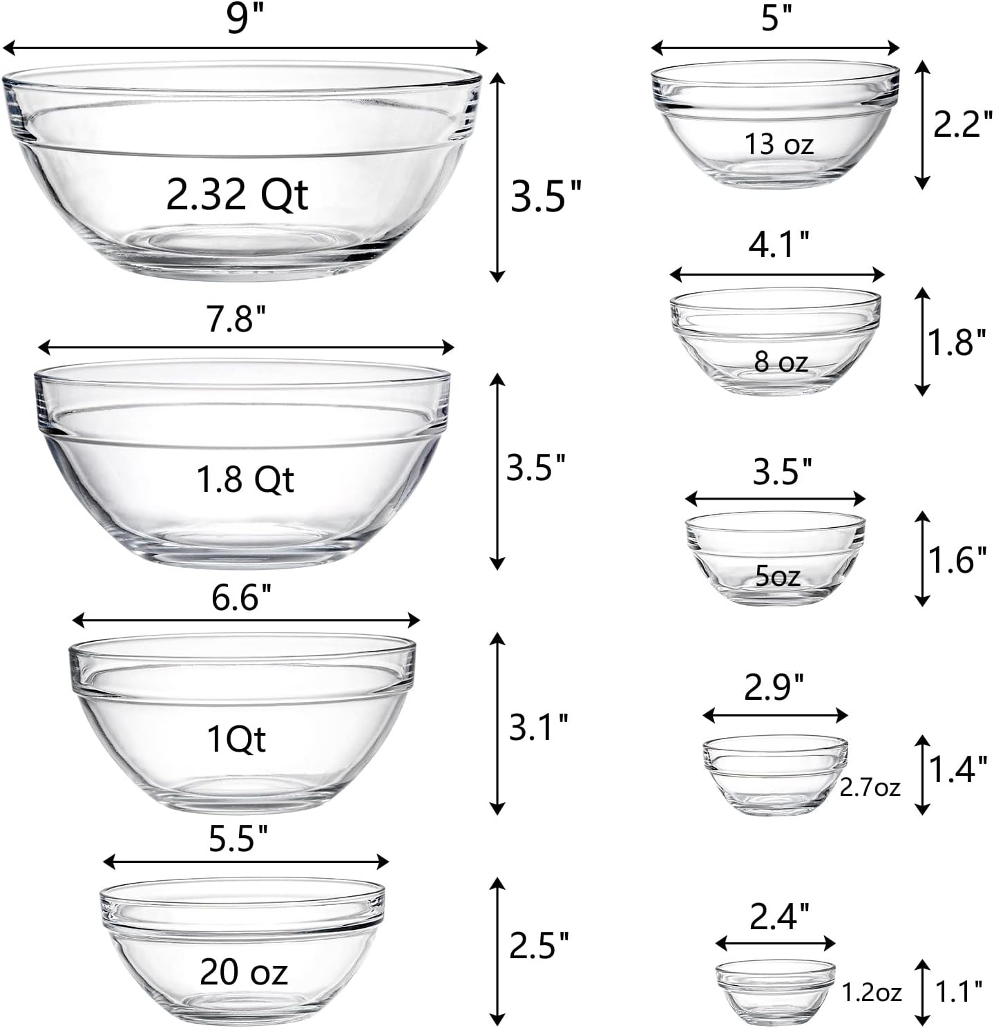 Lawei Set of 9 Glass Mixing Bowls - Glass Nesting Bowls Prep Bowl Clear Salad Bowls for Kitchen Prep Salad, Cereal, Ice Cream, Pasta, Fruits
