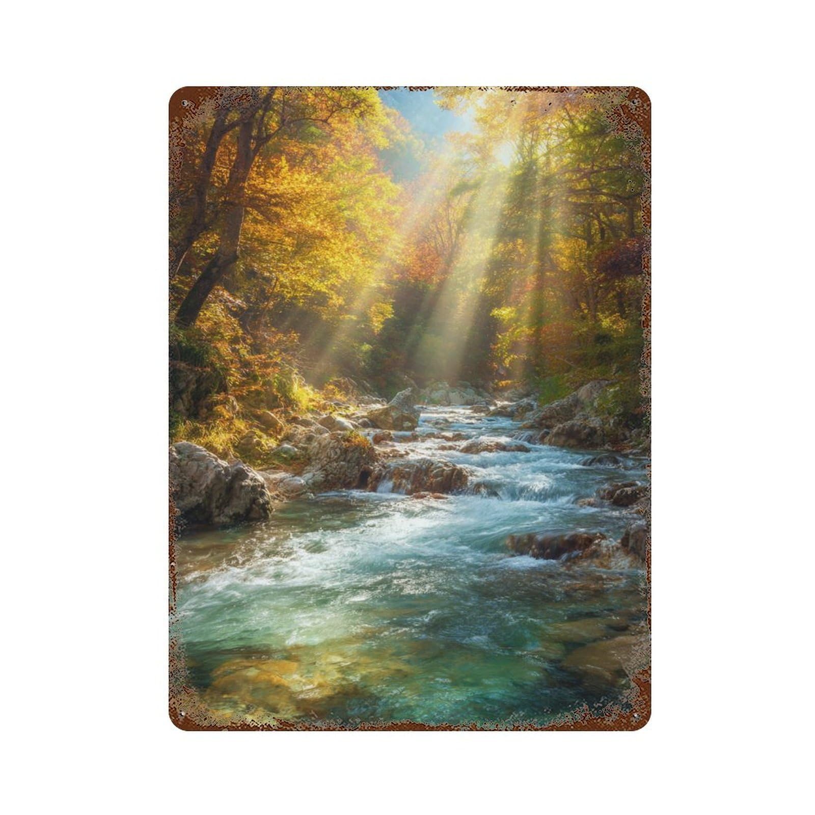 Autumn Forest Stream Scene 15.7"x11.8" Retro Metal Sign, Vintage Wall Decor for Garage, Bar And Workshop Decor