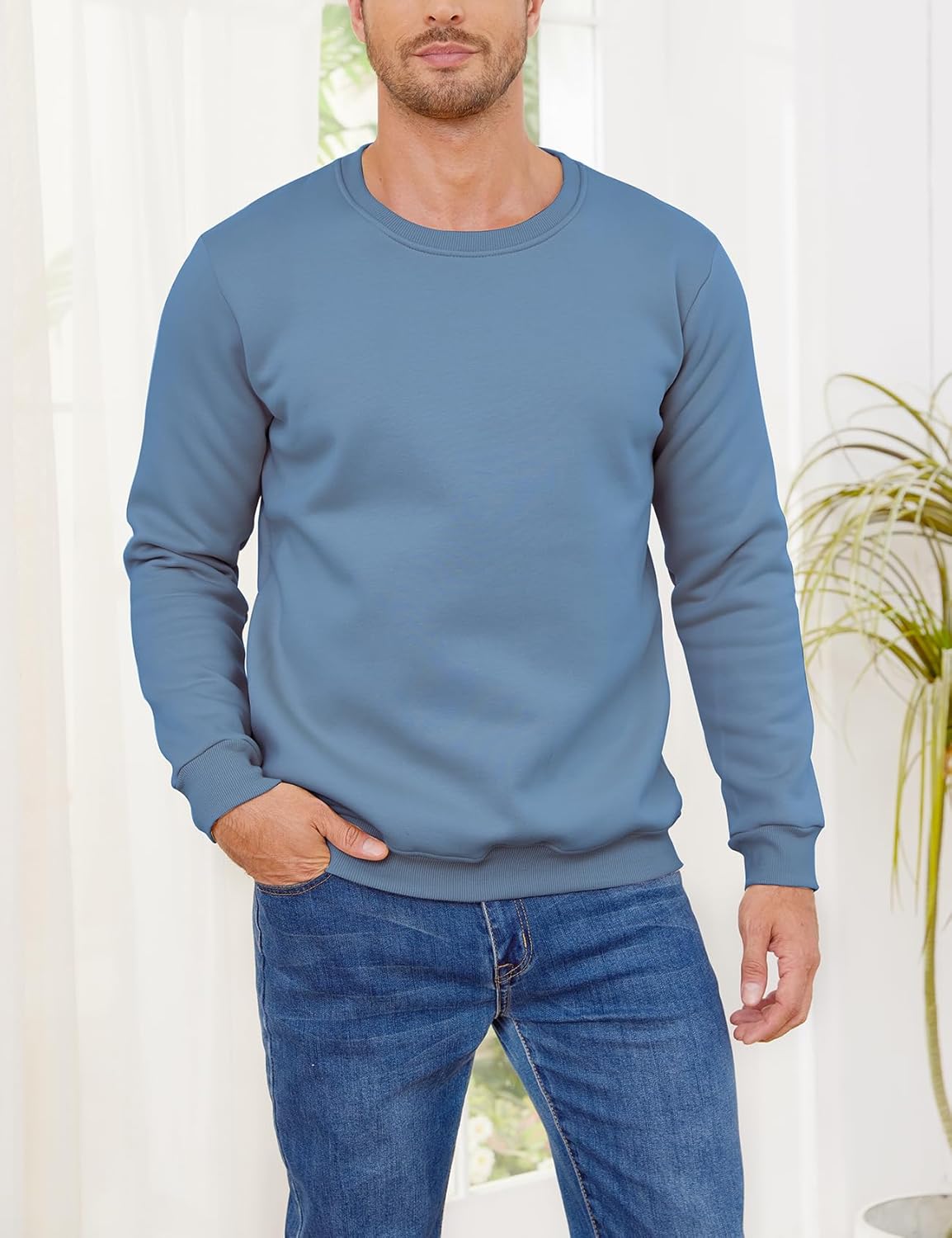 Gihuo Mens Fleece Crewneck Sweatshirts Sherpa Lined Pullover Winter Warm Shirt - Image 2