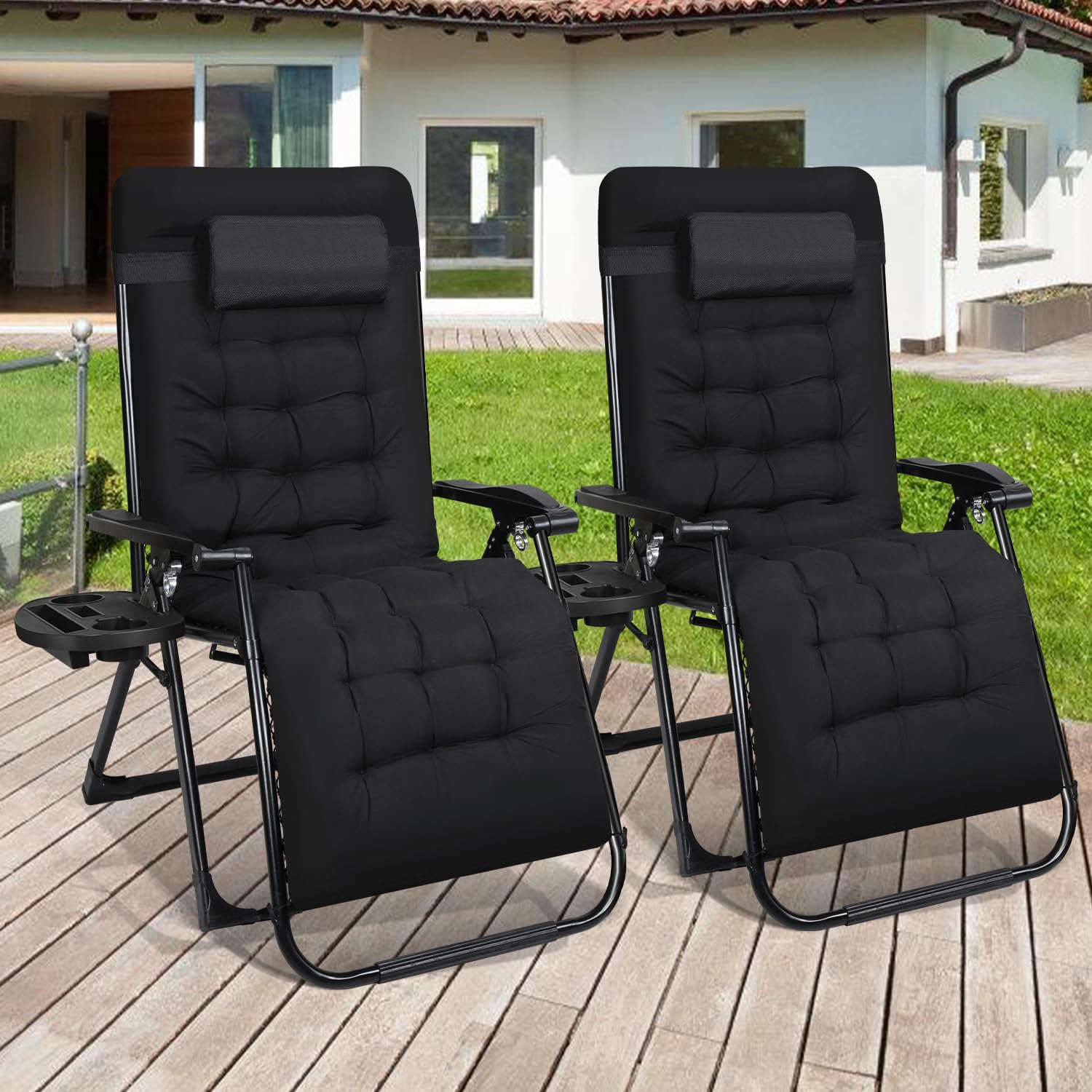 Ollewiellan Set of 2 Heavy Duty Sun Loungers (200kg Load each), XXL Extra Wide Garden Chairs with Thick Cushions, Zero Gravity Reclining Lounge Set for Heavy People, Foldable with Cup Holder