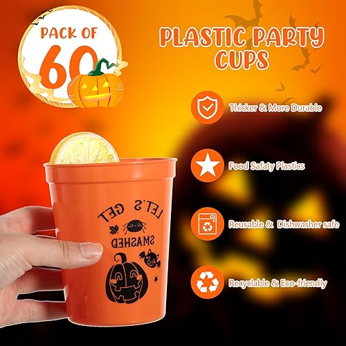 Miniatura 3 de Meanplan 60 vasos de plástico para fiesta de Halloween, de 12 onzas, tazas de fiesta de truco o trato, reutilizables, calabaza, calavera, bruja,