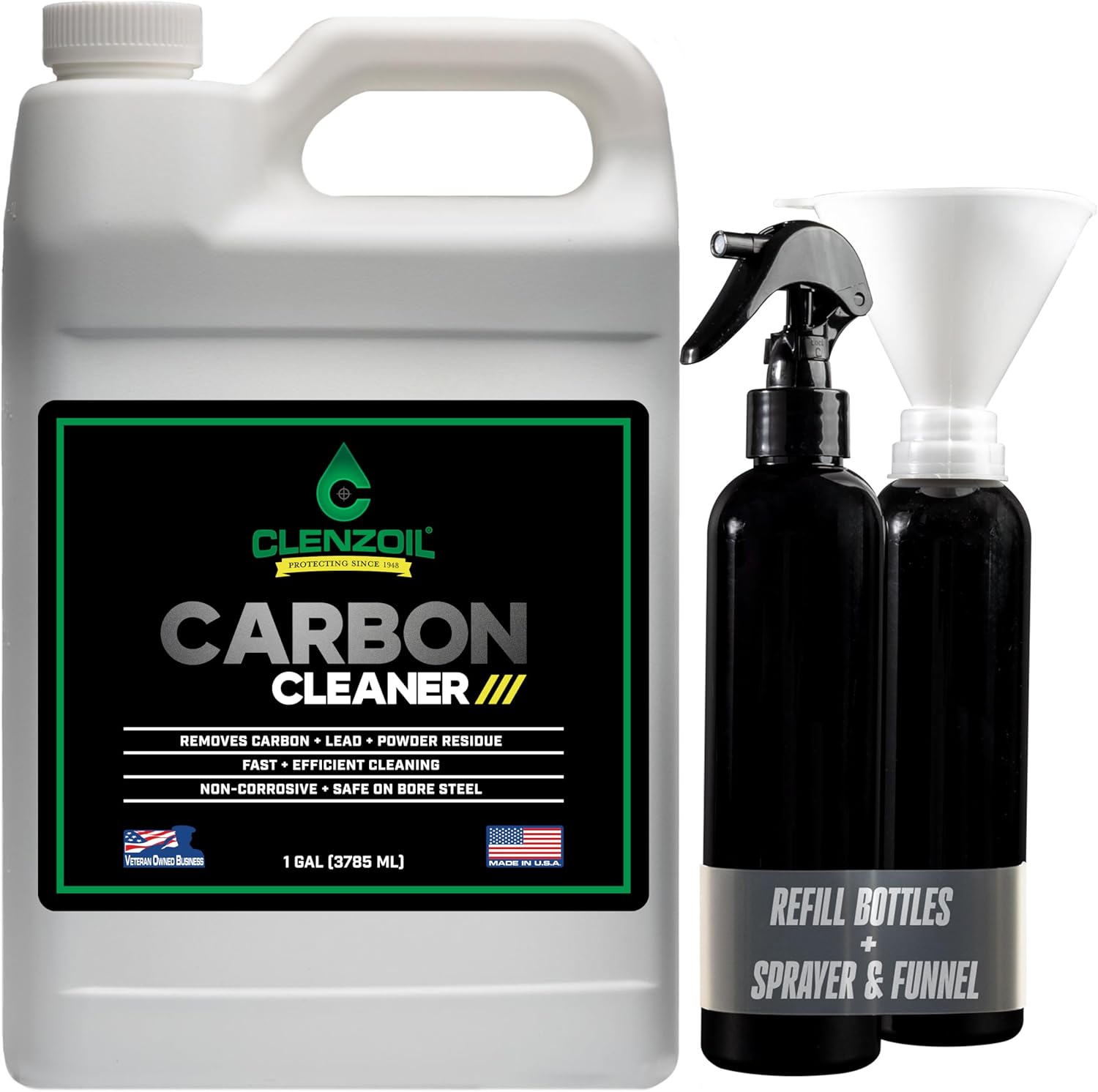 Clenzoil Carbon Cleaner Gallon Refill Kit | Bulk Water-Based Firearm Cleaning Solution with Refillable Bottles, Trigger Sprayer & Funnel