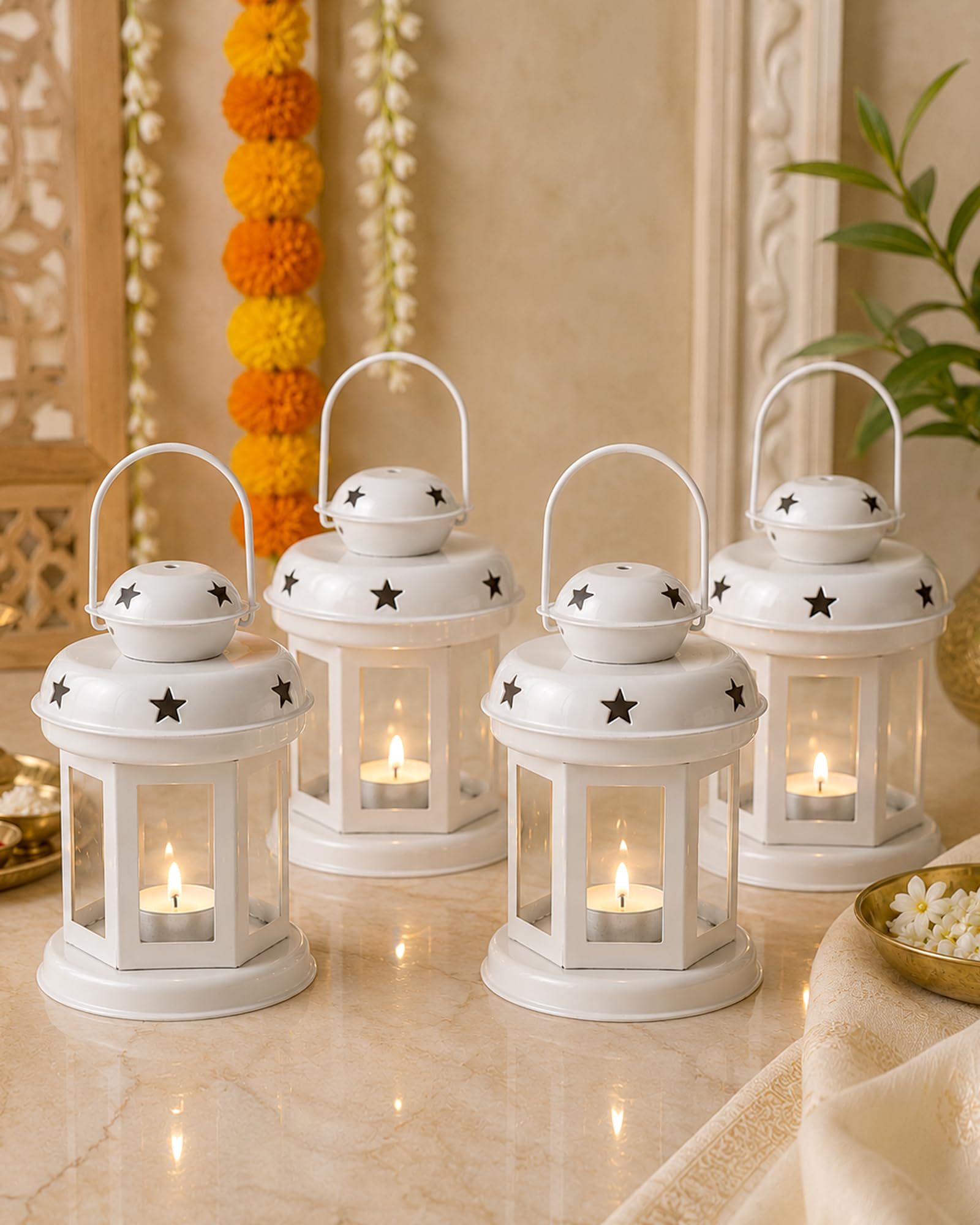Homesake® Star Light Decorative Metal Lantern Indoor/Outdoor Hanging Lantern Designer Candle Tealight Holder, (Set of 4, White)-picture-10