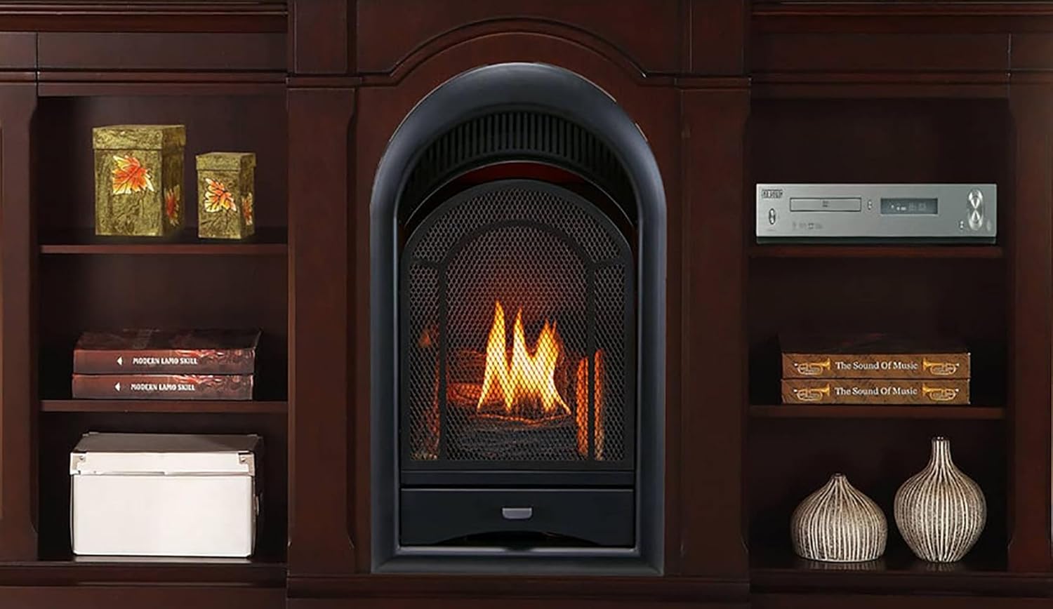 ProCom Dual Fuel Ventless Gas Fireplace System with Mantle, Thermostat Control, 4 Fire Logs, Use with Natural Gas or Liquid Propane, 10000 BTU, Heats up to 500 Sq. Ft., Chocolate