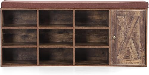Miniatura 8 de MAISON ARTS Banco de almacenamiento, zapatero con armario de puerta de granero, 9 compartimentos abiertos, cojín para entrada, pasillo, dormitorio,