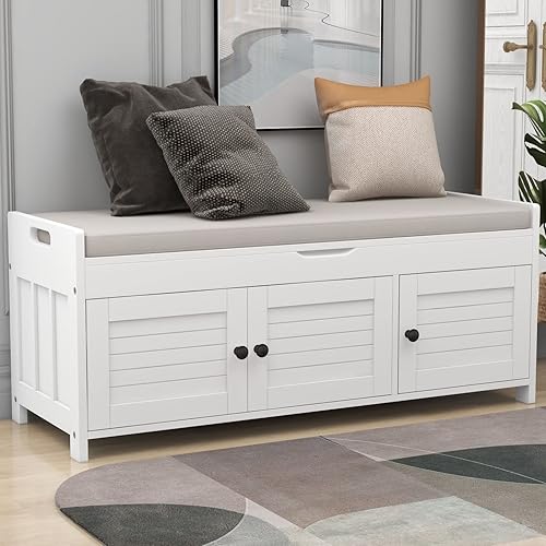 Voohek Banco de zapatos con estantes de almacenamiento, 3 puertas, cojín tapizado, compartimento oculto para entrada, pasillo, sala de estar,
