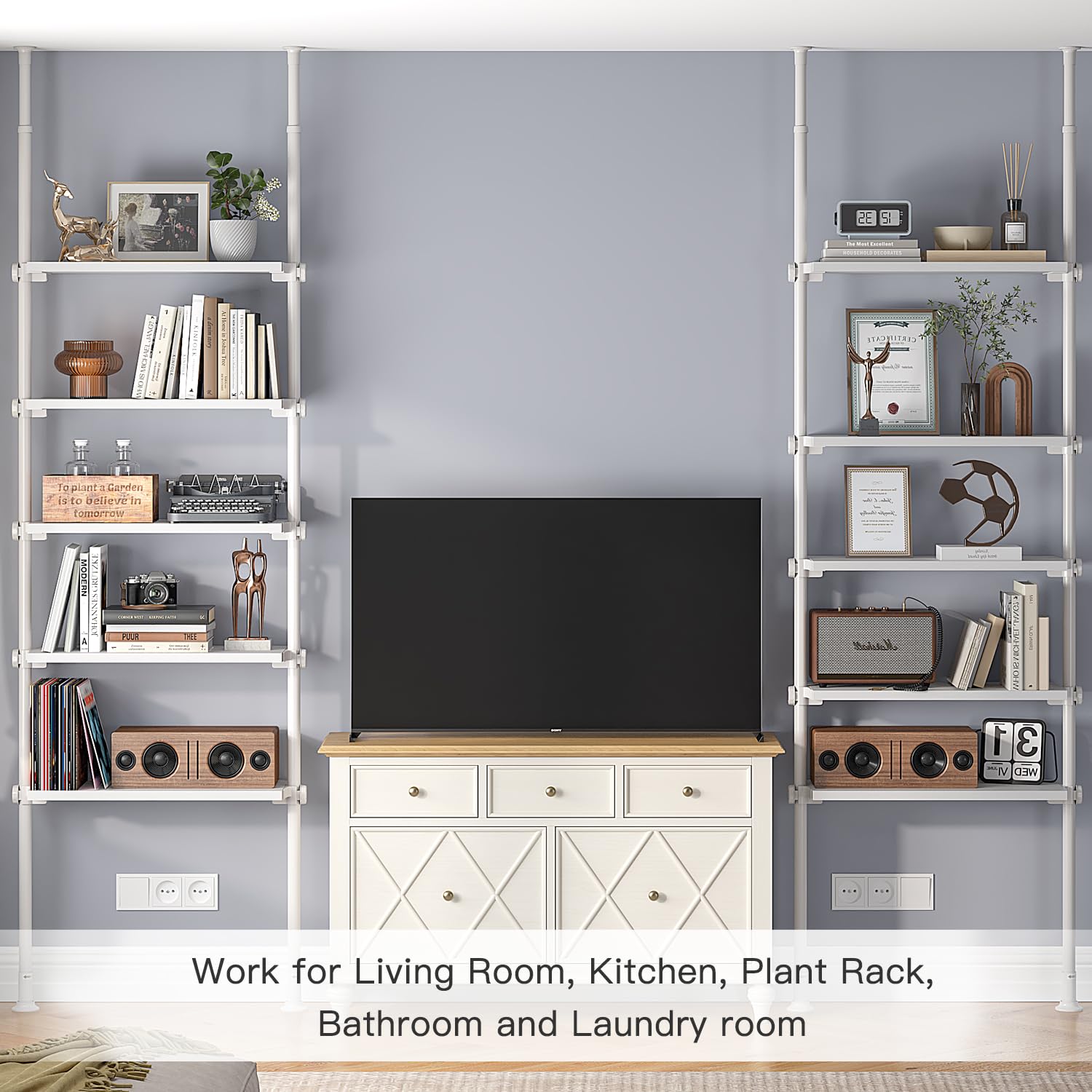 ALLZONE Libreria stretta a 5 livelli, scaffale alto regolabile con contenitore aperto, supporto a tensione dal pavimento al soffitto, libreria industriale in legno per soggiorno, da 233 a 300 cm
